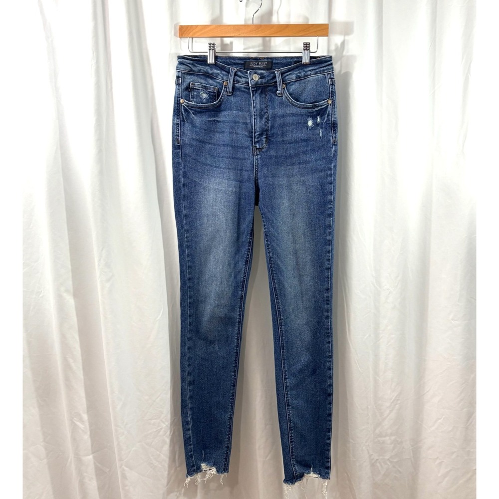Judy Blue Skinny Fit Distressed Jeans – Medium Wash, Raw Hem, Size 9/29‎